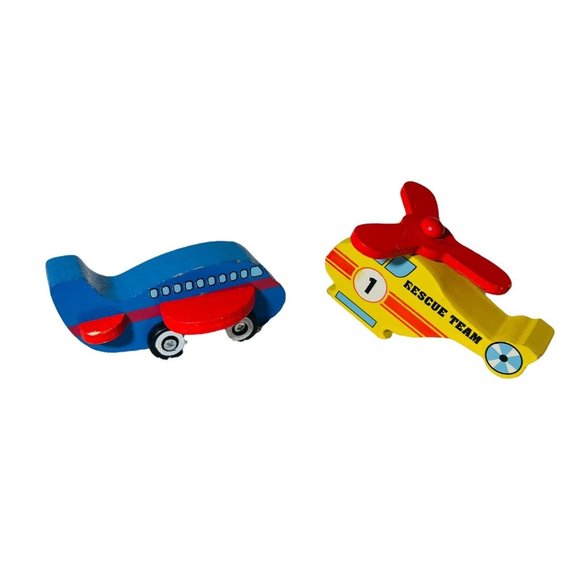 DGI Rescue Team Set of 2 Wooden 4” Toys Yellow Helicopter Blue Airplane Ages 2+ - Picture 2 of 7